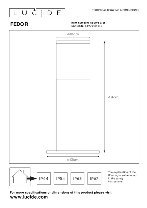 Lucide FEDOR - Bollard light - 1xE27 - IP44 - Satin Chrome - technical